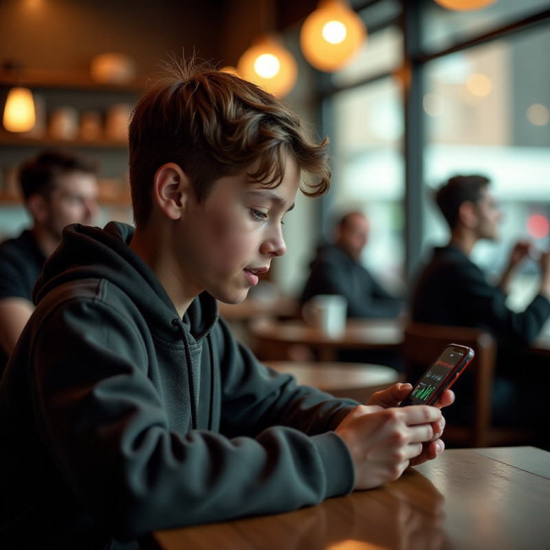 A boy engaging with Stockpile app in a café.