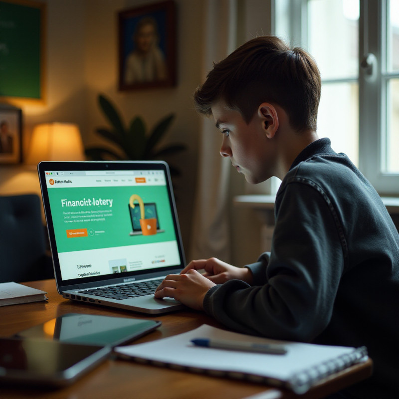 A boy learning about personal finance on a laptop.