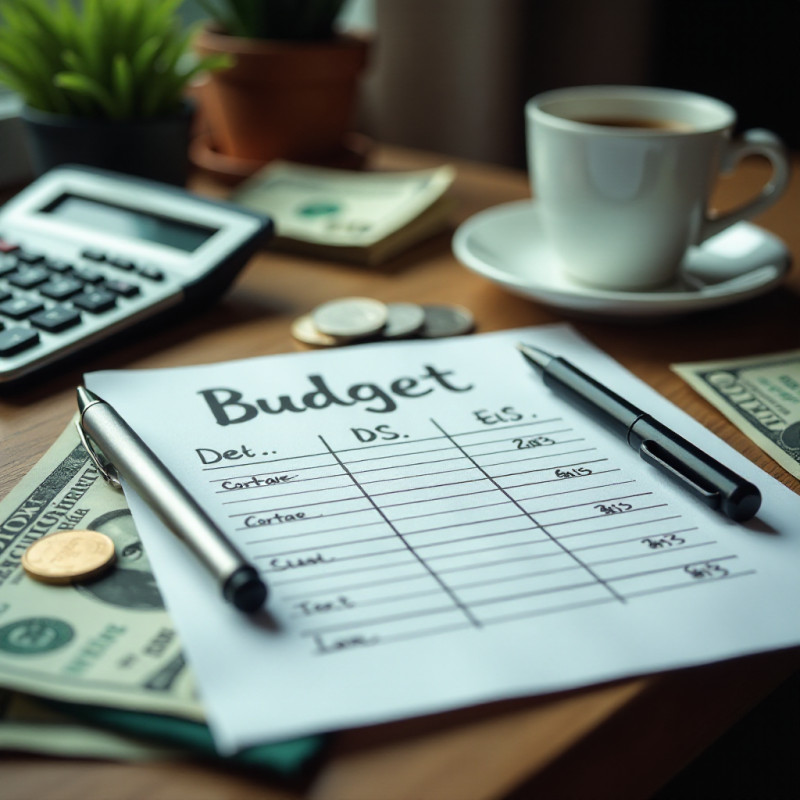 A budget plan laid out on a desk with bills and a calculator.