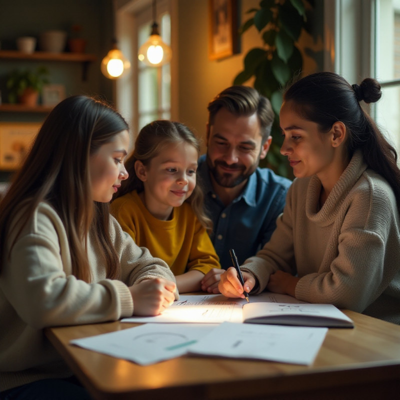 A family collaboratively discussing their budget.