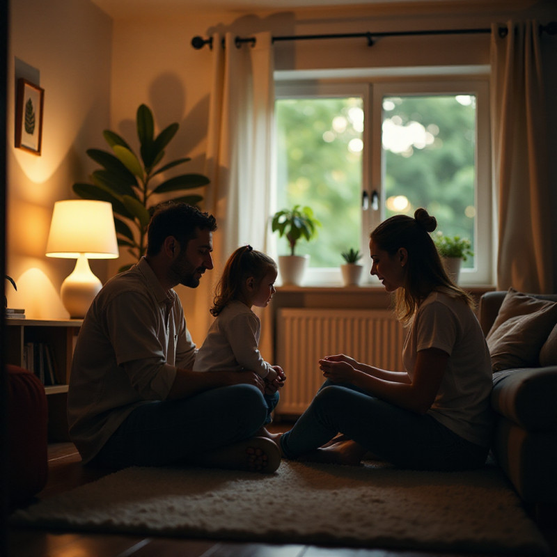 A family turning off lights and being energy-efficient at home.