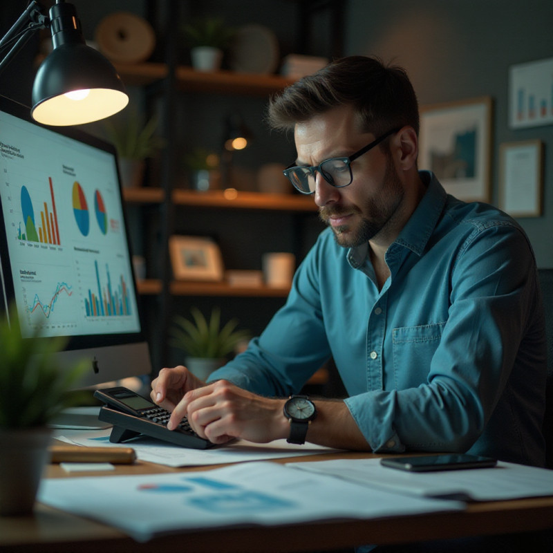 A man assessing his net worth with financial tools.