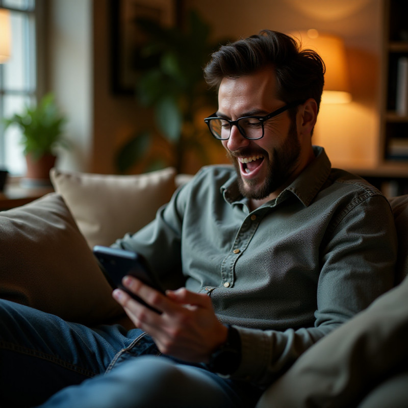 A man enjoying cashback savings on his phone.