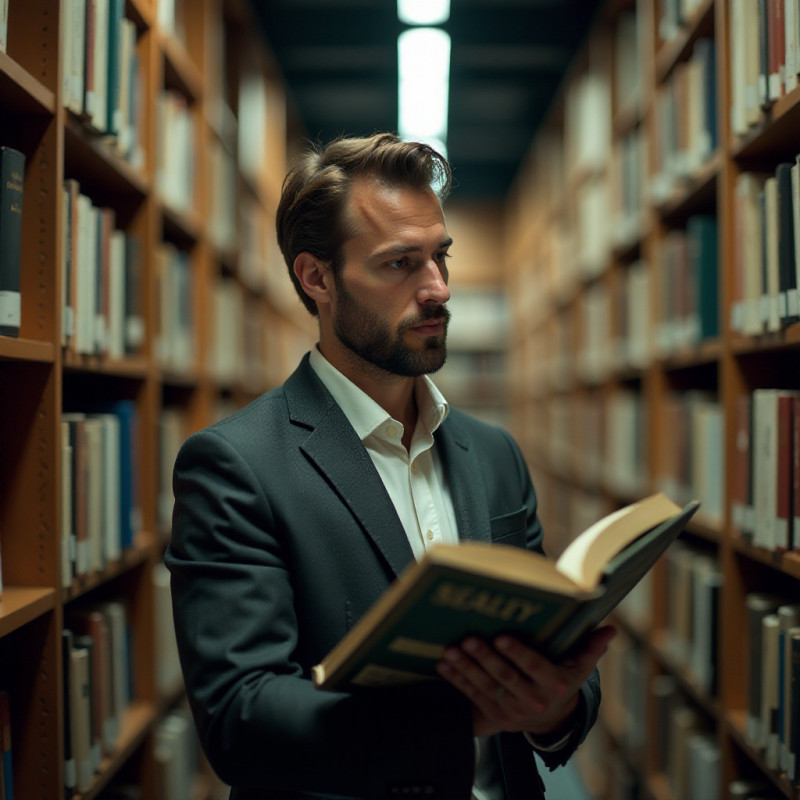 A man looking through books at a library.