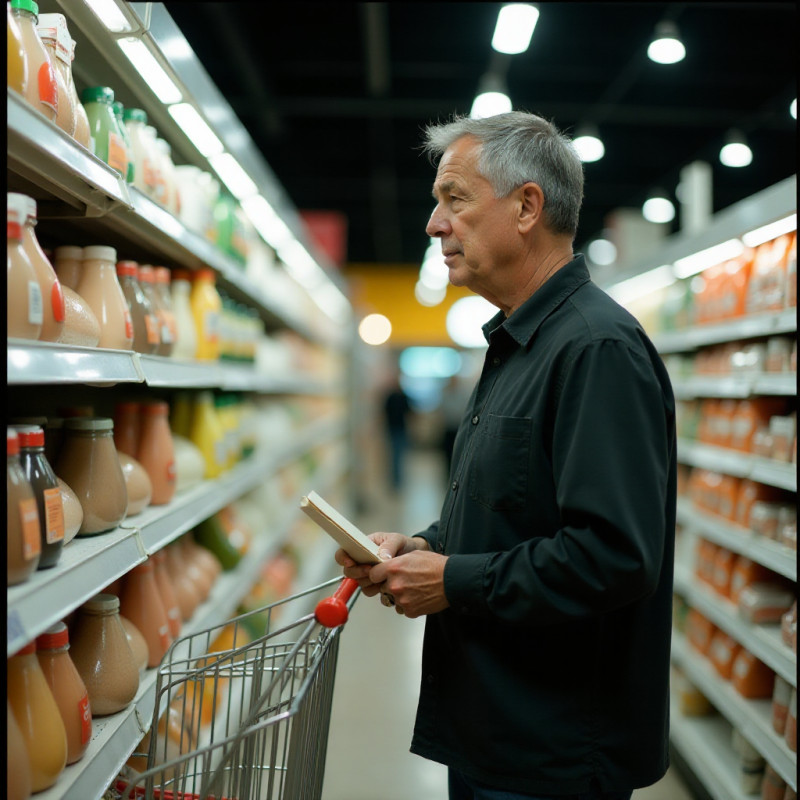 A man observing the rise in prices at a supermarket.