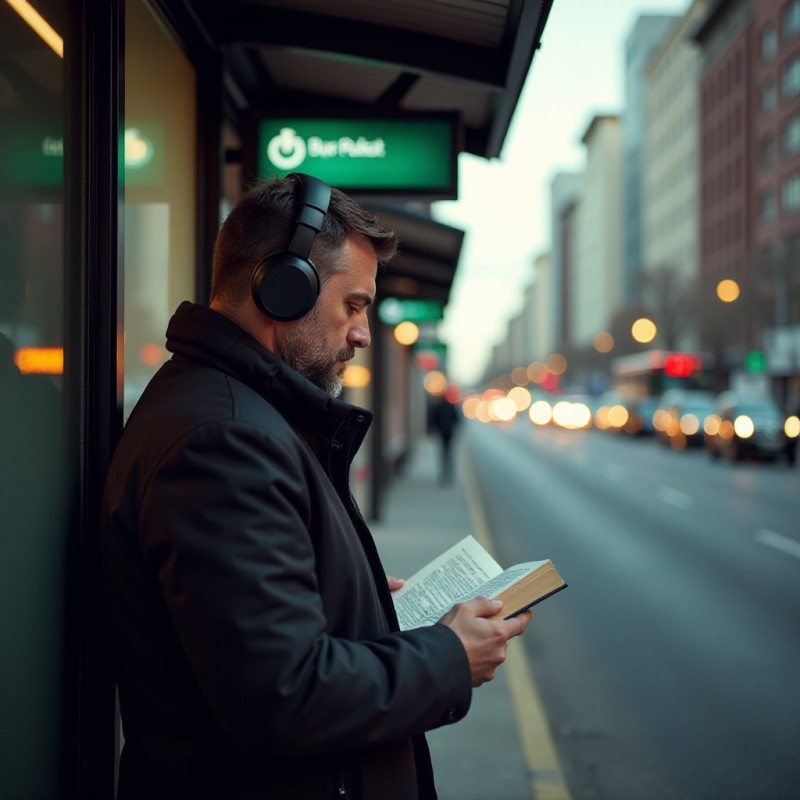 A man waiting for a bus at a city bus stop.