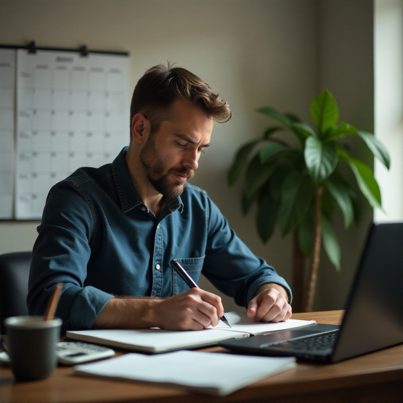 A man working on his budget at a desk with a calculator and laptop.