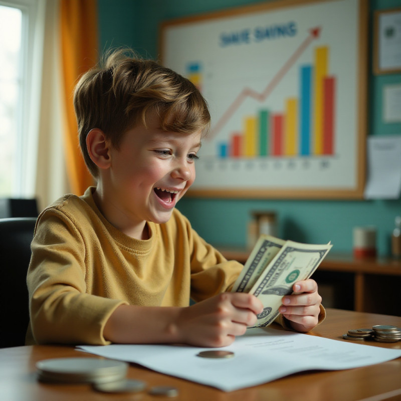 A teenage boy counting his savings with a savings chart on the wall.