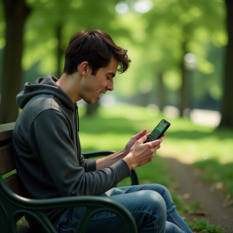 A teenage boy looking at Robinhood stock app in a park.