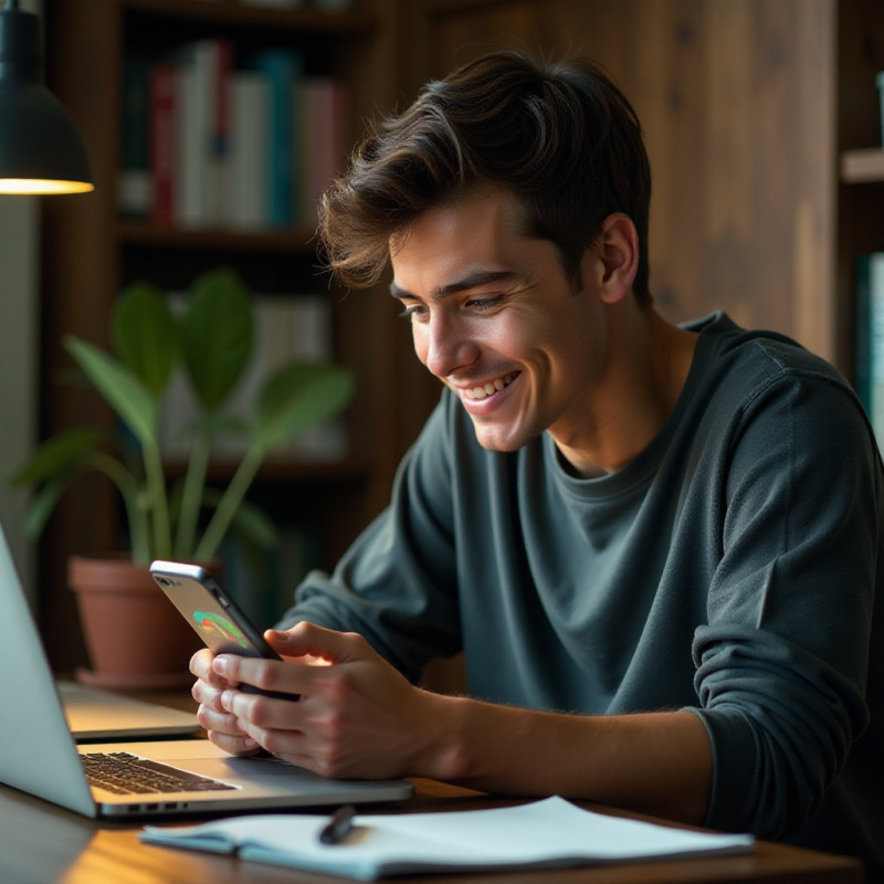 A teenage boy using the Mint finance app on his phone.