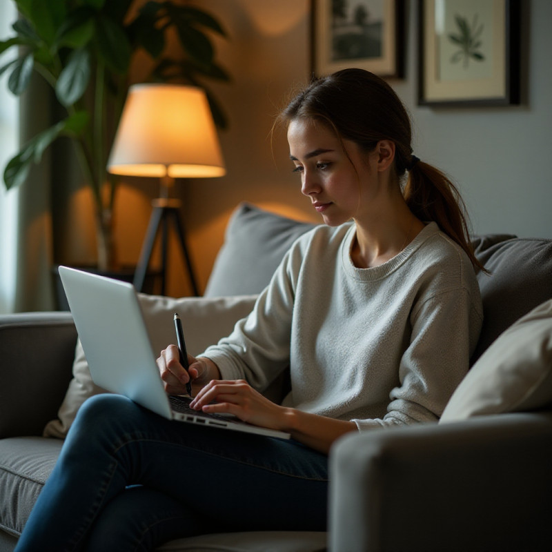 A young adult learning about personal finance at home.