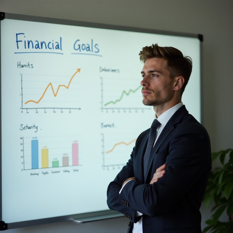 A young man planning his financial goals on a whiteboard.