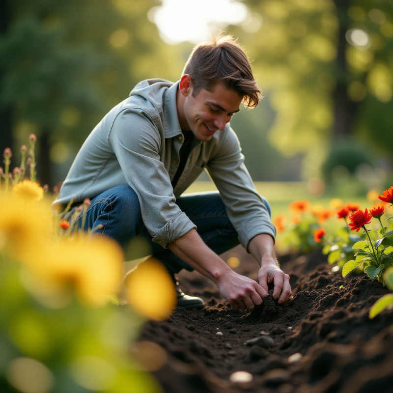 A young man planting seeds in a garden.