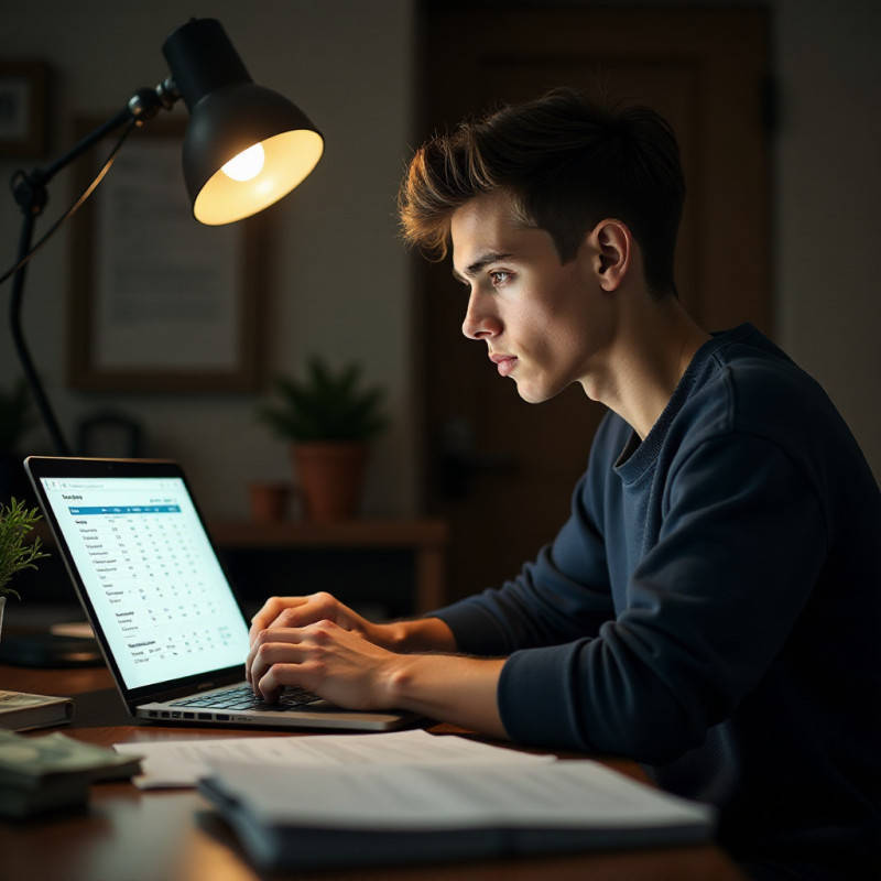 A young man reviewing a budget plan at his desk.