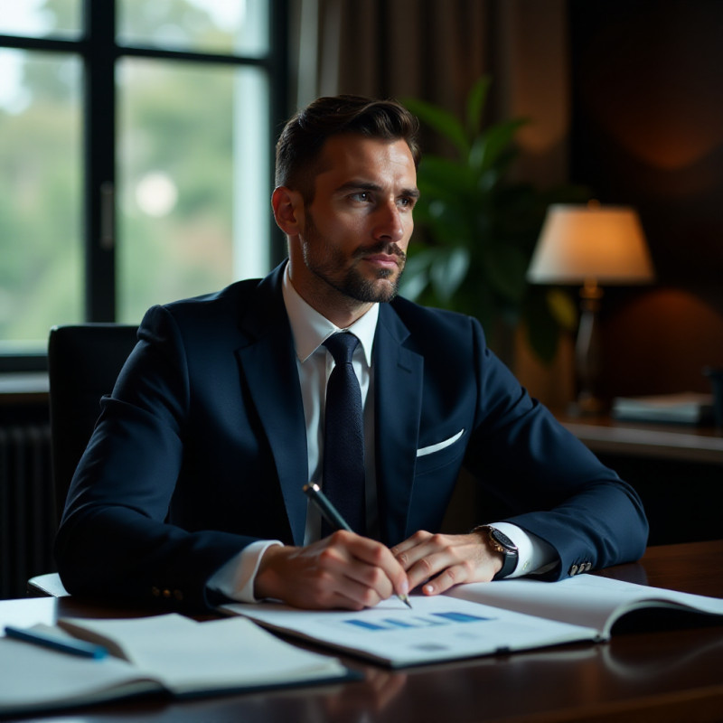 A young man studying investment strategies with charts and books.