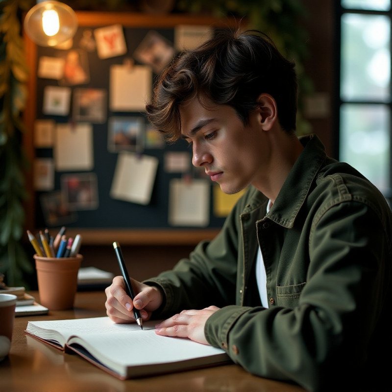 A young man writing his financial goals in a planner.