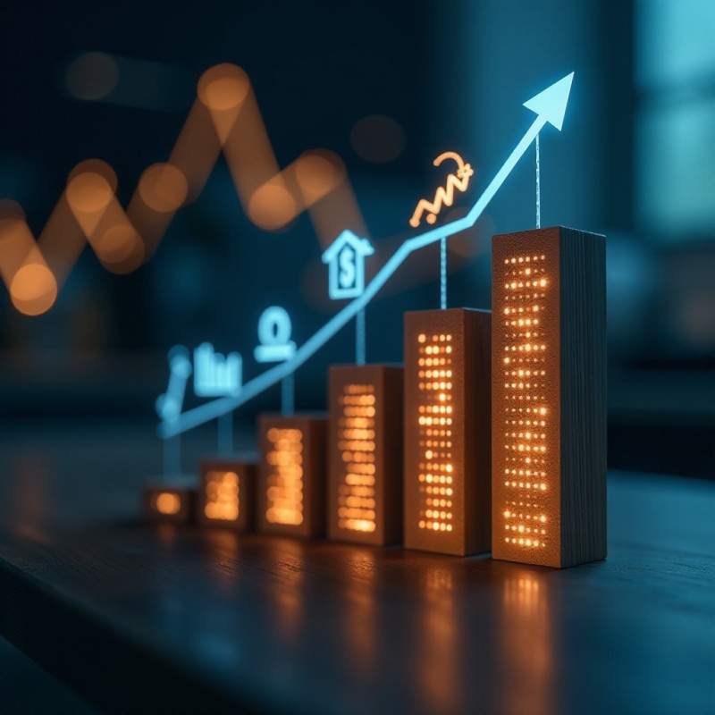 An upward graphic of interest rates with loan and savings icons.