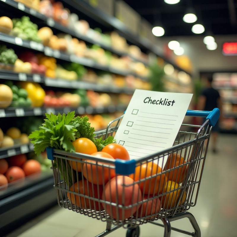 Grocery cart with a list symbolizing planned shopping.