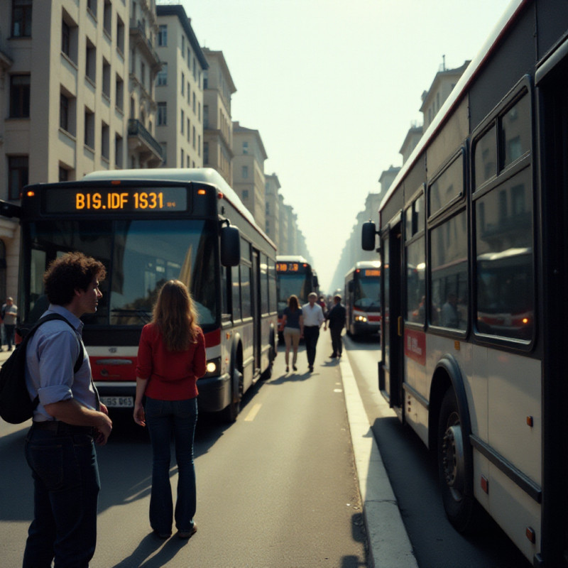 Public transportation with buses and people at a bus stop.