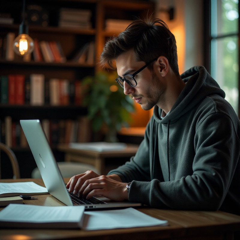 Young male reading about investment trends on a computer.