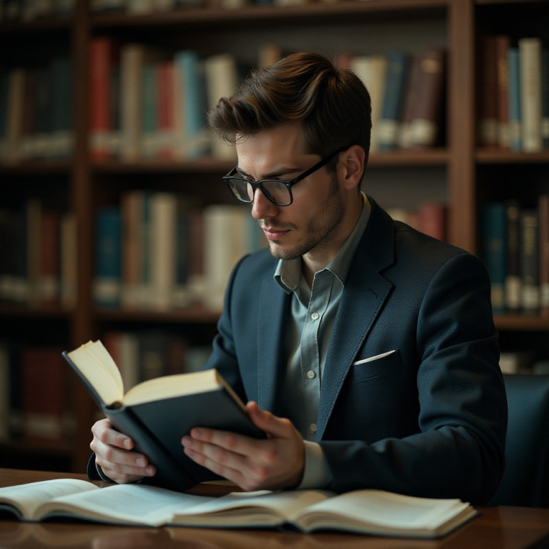 Young male studying investment literature in a library.