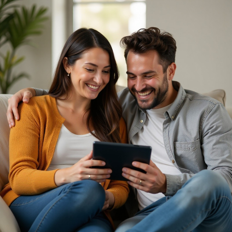 A couple managing their finances together on a couch.