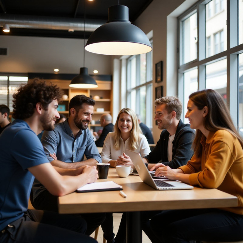 A group of young adults discussing finance in a coffee shop.