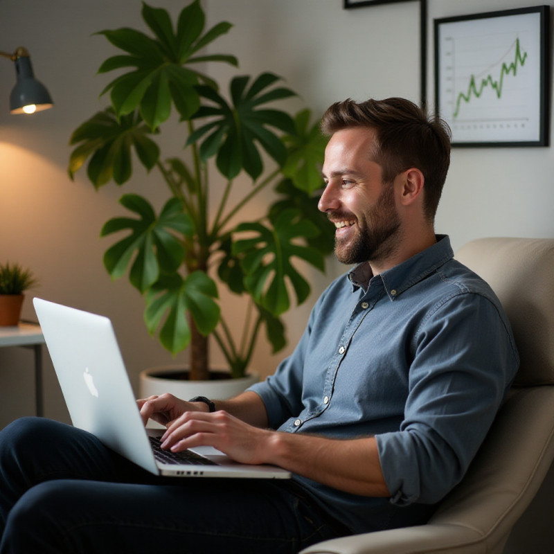 A man using BudgetBakers in a cozy home office.
