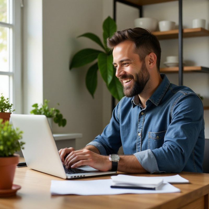 A man working on his laptop at a home office.
