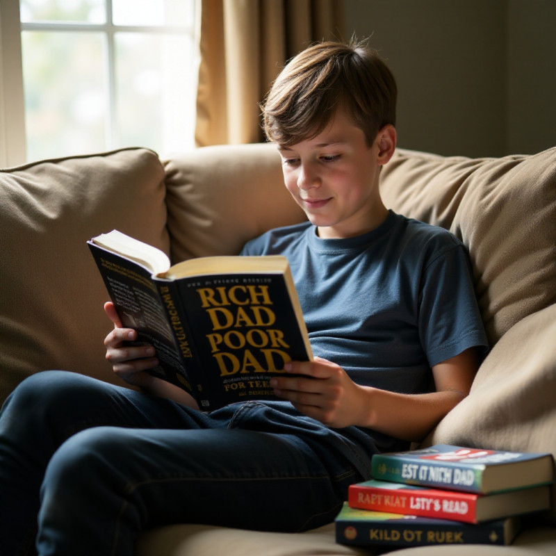 A teenage boy reading a finance book on a couch.