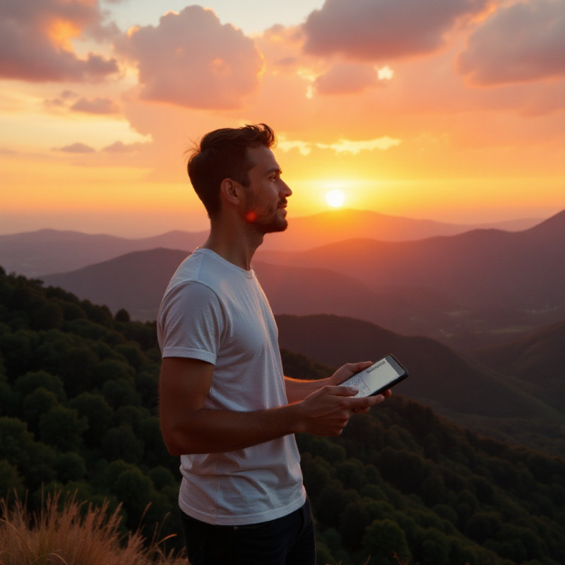 A young adult at a sunset holding a financial book.
