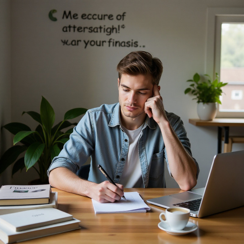 A young adult male writing financial goals at a desk.