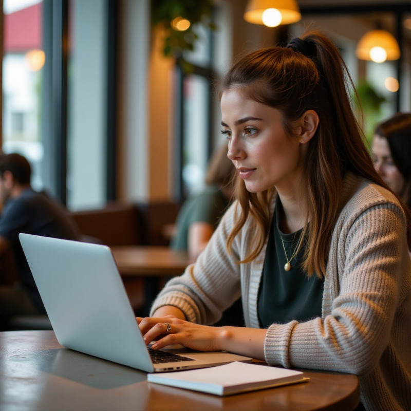 A young adult studying personal finances at a coffee shop.