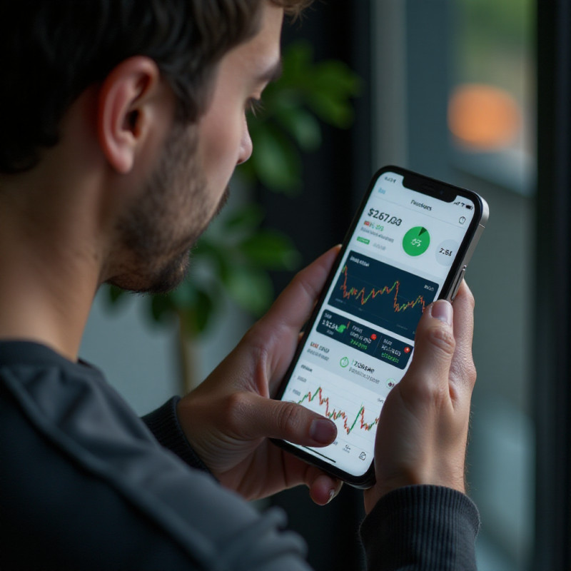 A young male reviewing financial apps on his smartphone.