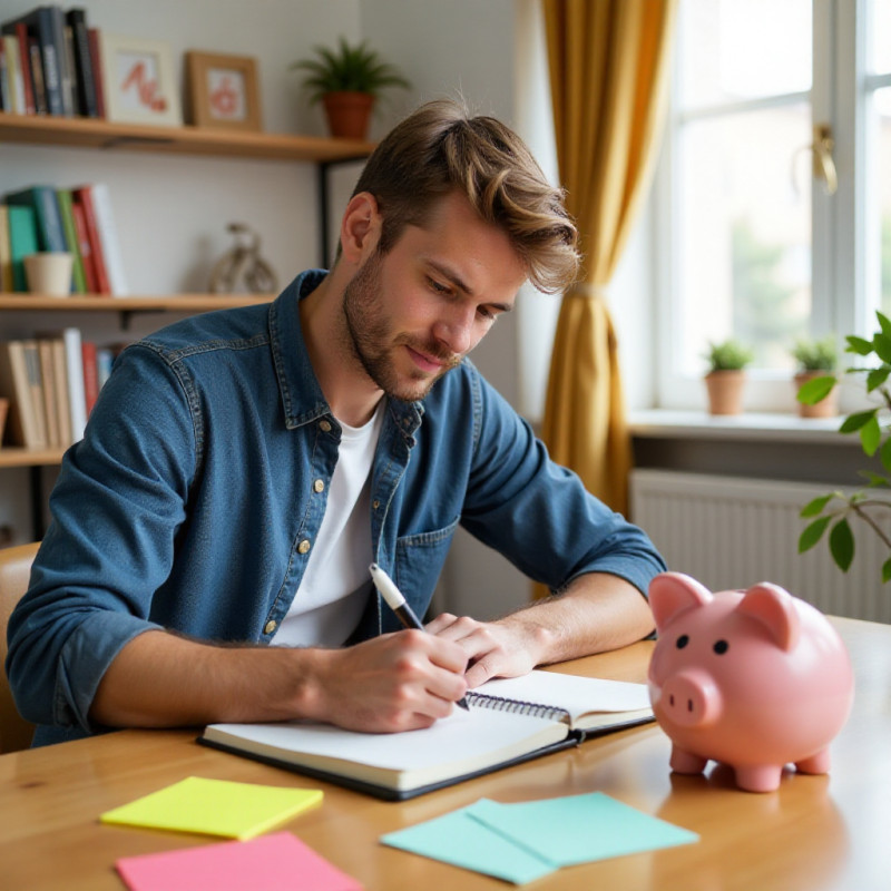 A young man focused on writing down his money savings goals.