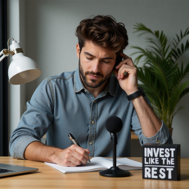 A young man learning about investments at his desk.