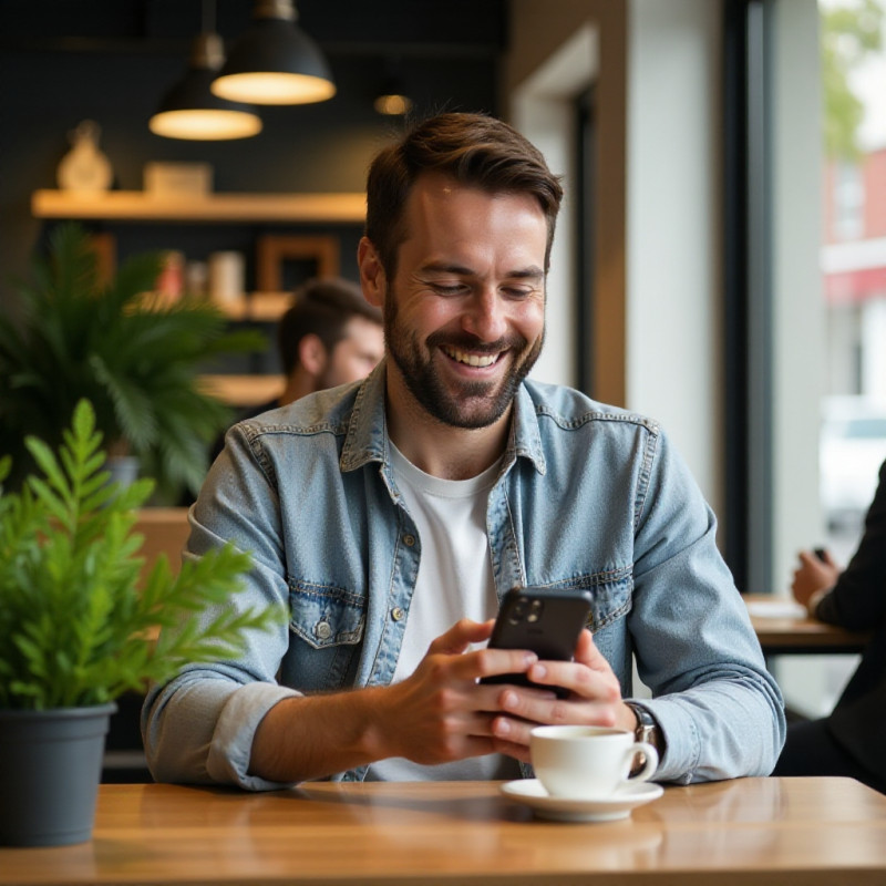 A young man smiling while using a smartphone in a cafe.