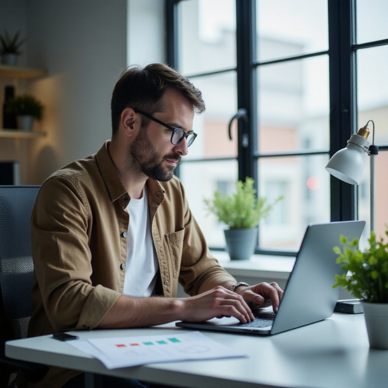 A young man studying stock market trends on a laptop.