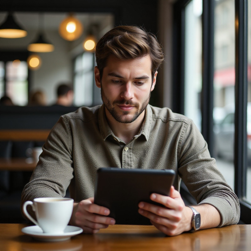 Male reading financial news on a tablet.