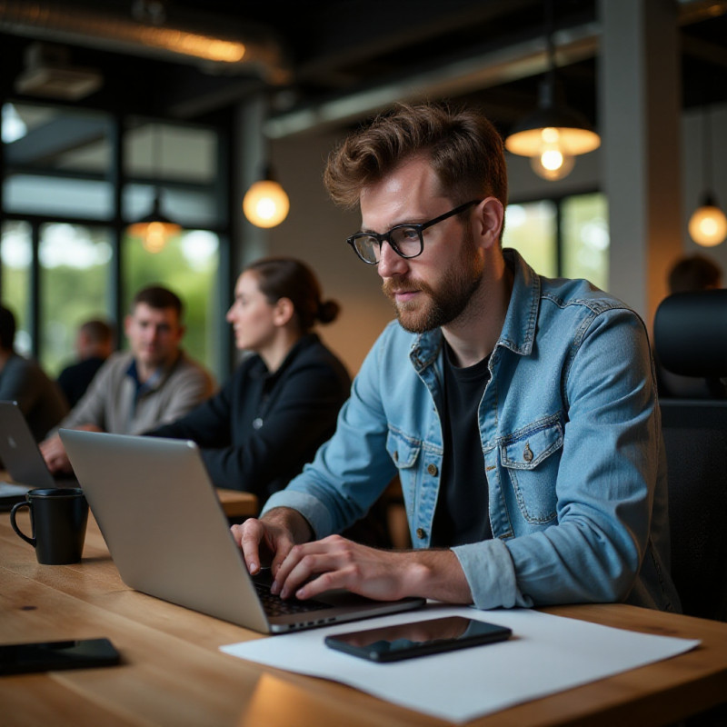 Male researching fintech on a laptop.