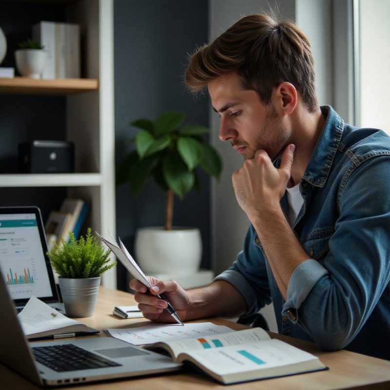 Male student studying finance with books and a laptop.