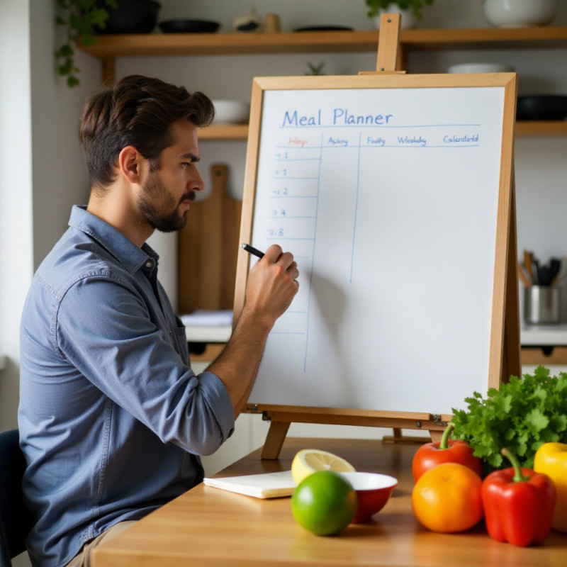 A young man planning meals at a kitchen table.