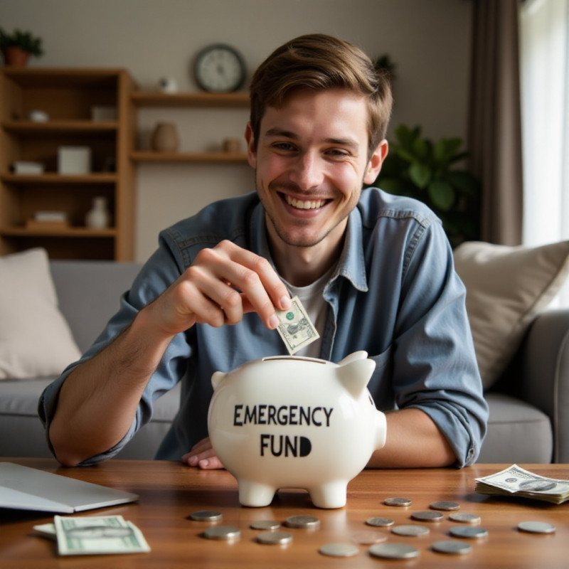 A young man saving money in a piggy bank for emergencies.