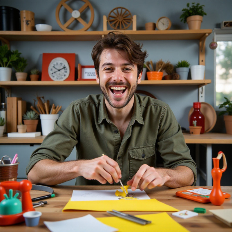 A young man working on a colorful DIY craft project.
