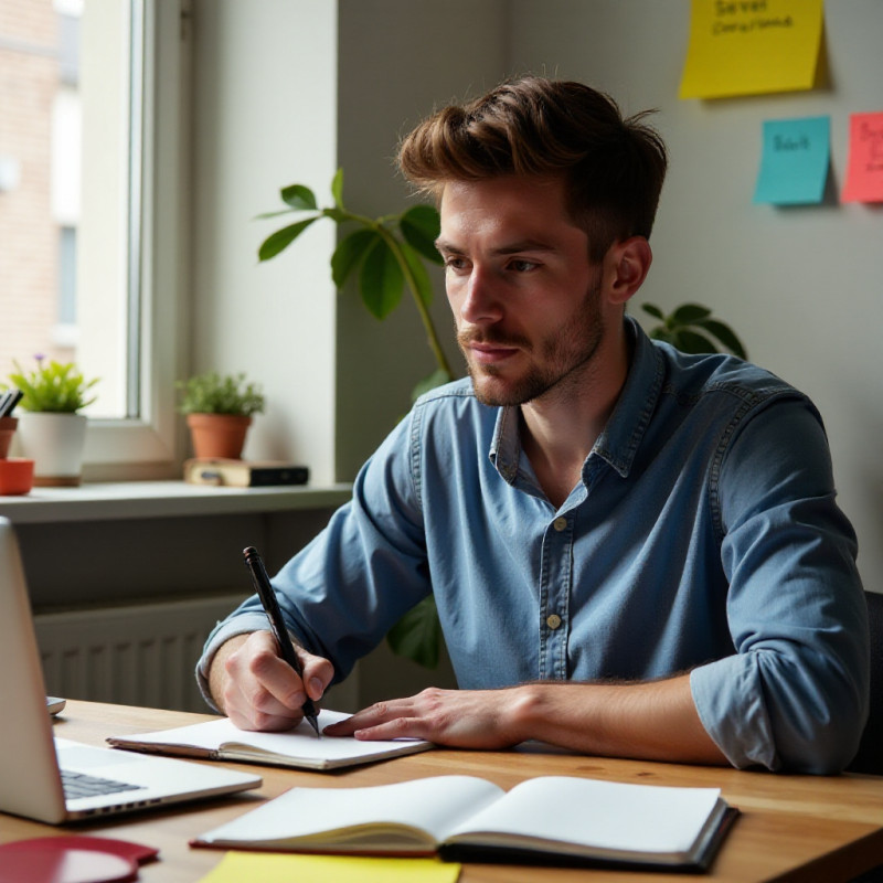 A young man writing budgeting goals at a sunny desk.