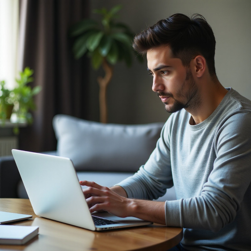 A focused young man checking investment fees on his computer. A focused young man checking investment fees on his computer.