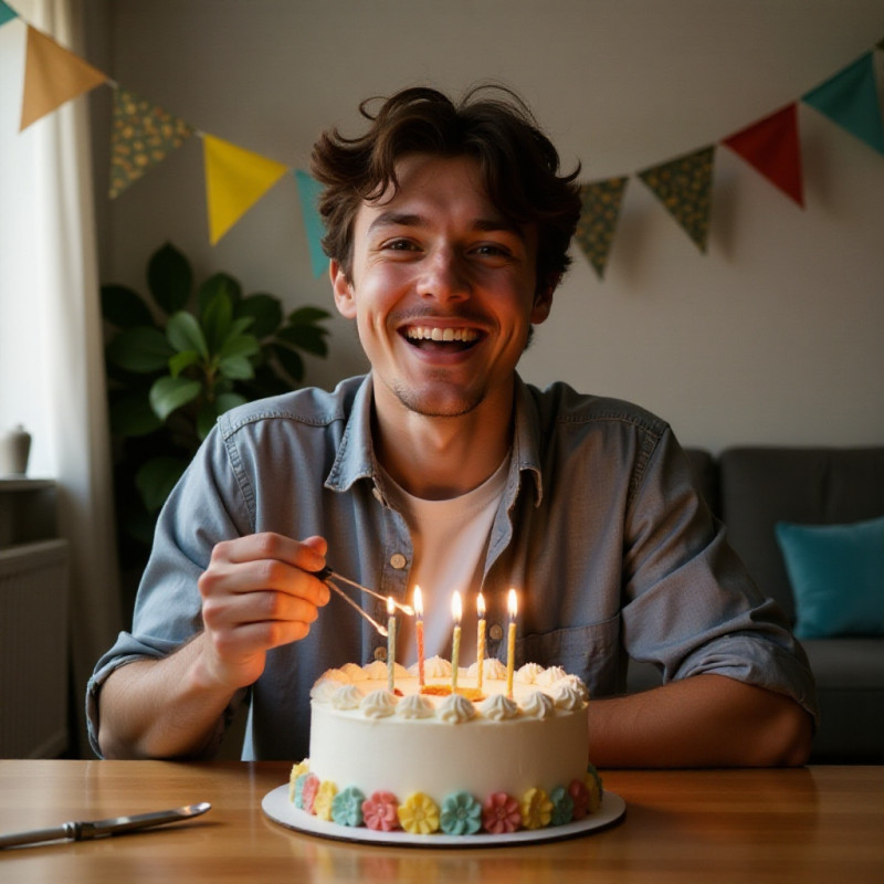 A male adult celebrating a savings achievement with a cake.