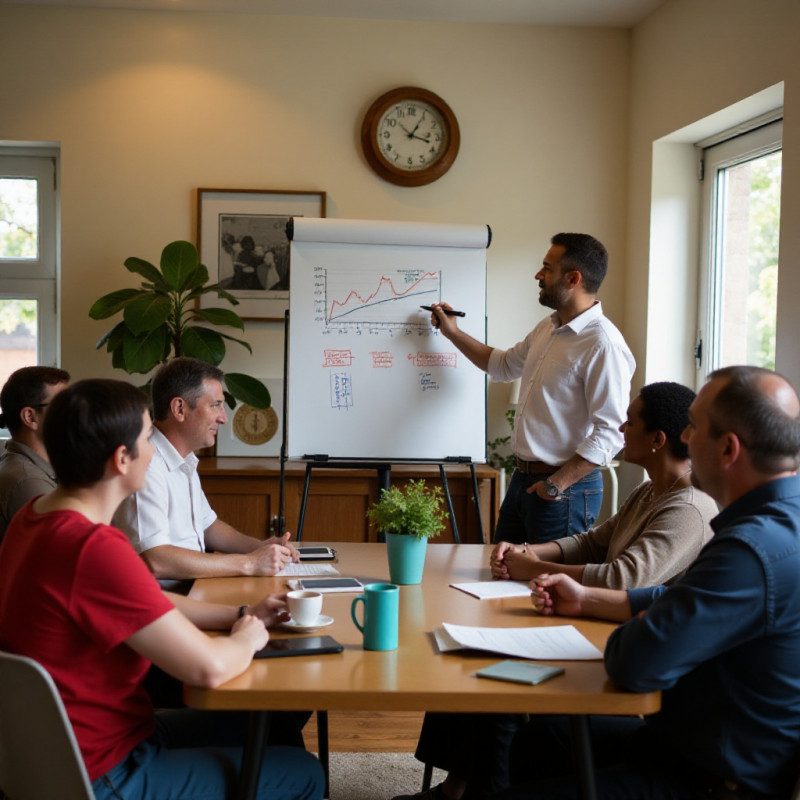 A male instructor leading a finance workshop with adults in a community center.