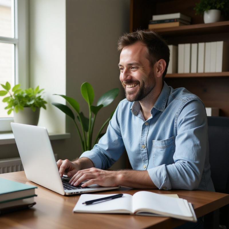 A man reviewing credit information in a bright home office.