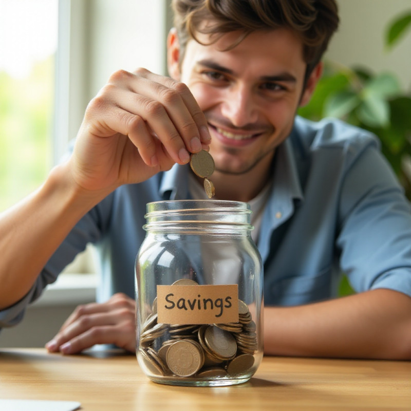 A young adult male putting coins into a savings jar.